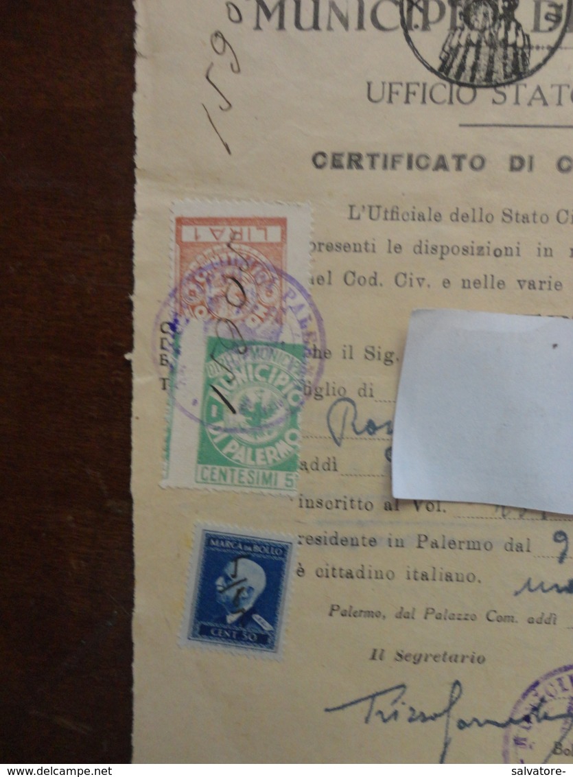 MARCHE DA BOLLO CENTESIMI 50 +LIRE 1 COMUNE DI PALERMO CON DENTELLATURE SPOSTATE-1946 - Revenue Stamps