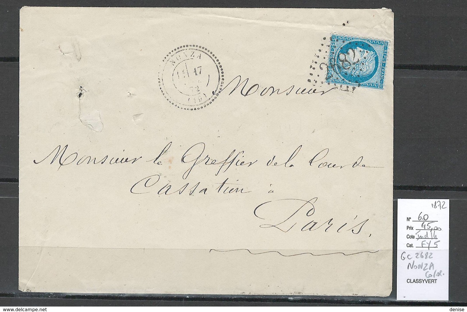 France - GC 2682 NONZA  CORSE - 1872 - 1849-1876: Période Classique