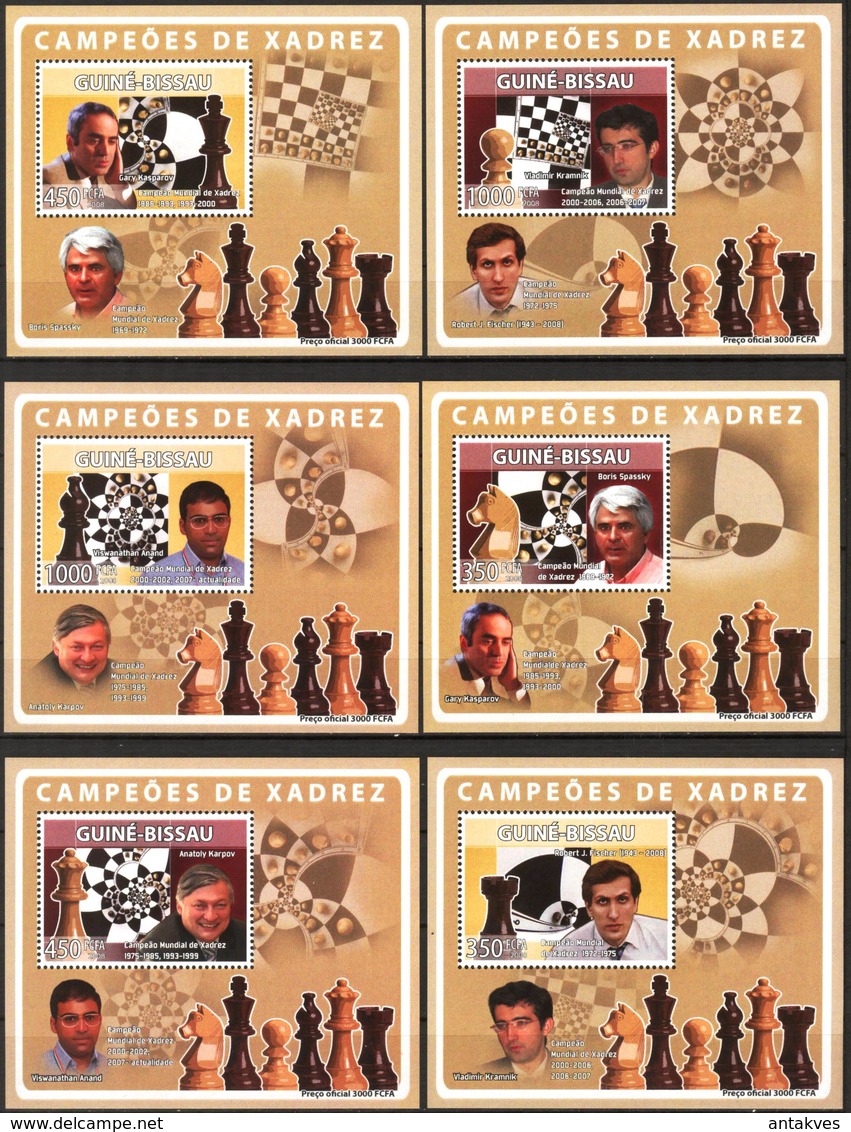 A{201} Guinea Bissau 2008 Chess Champions 6 S/S Deluxe MNH** - Guinea-Bissau