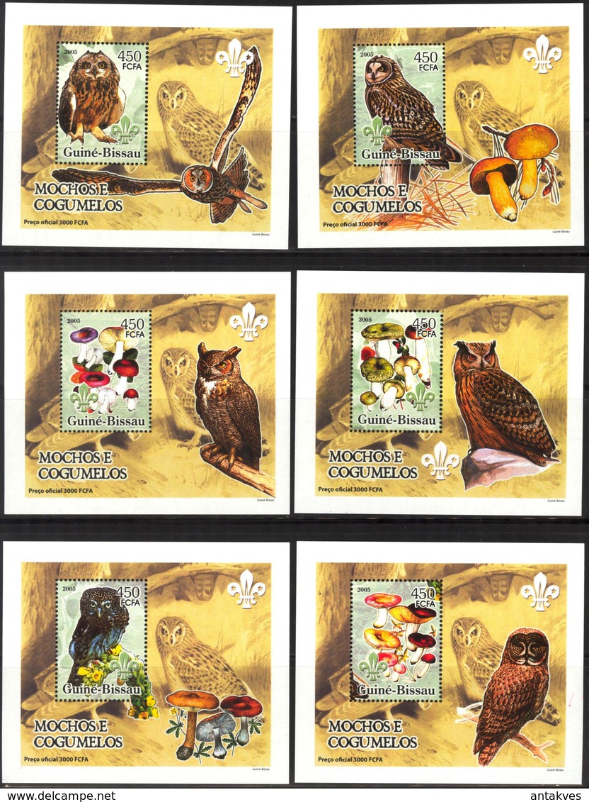 A{208} Guinea Bissau 2005 Birds Owls Mushrooms Scouts 6 S/S Deluxe MNH** - Guinea-Bissau