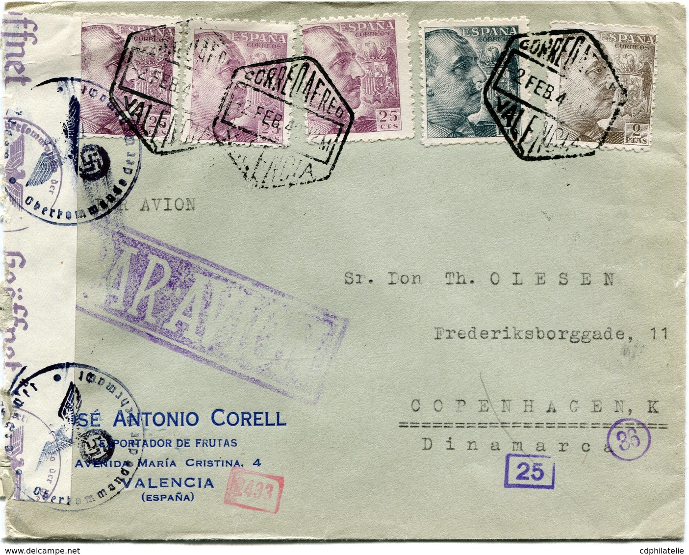 ESPAGNE LETTRE PAR AVION CENSUREE DEPART VALENCIA 2 FEB 42 POUR LE DANEMARK - Cartas & Documentos