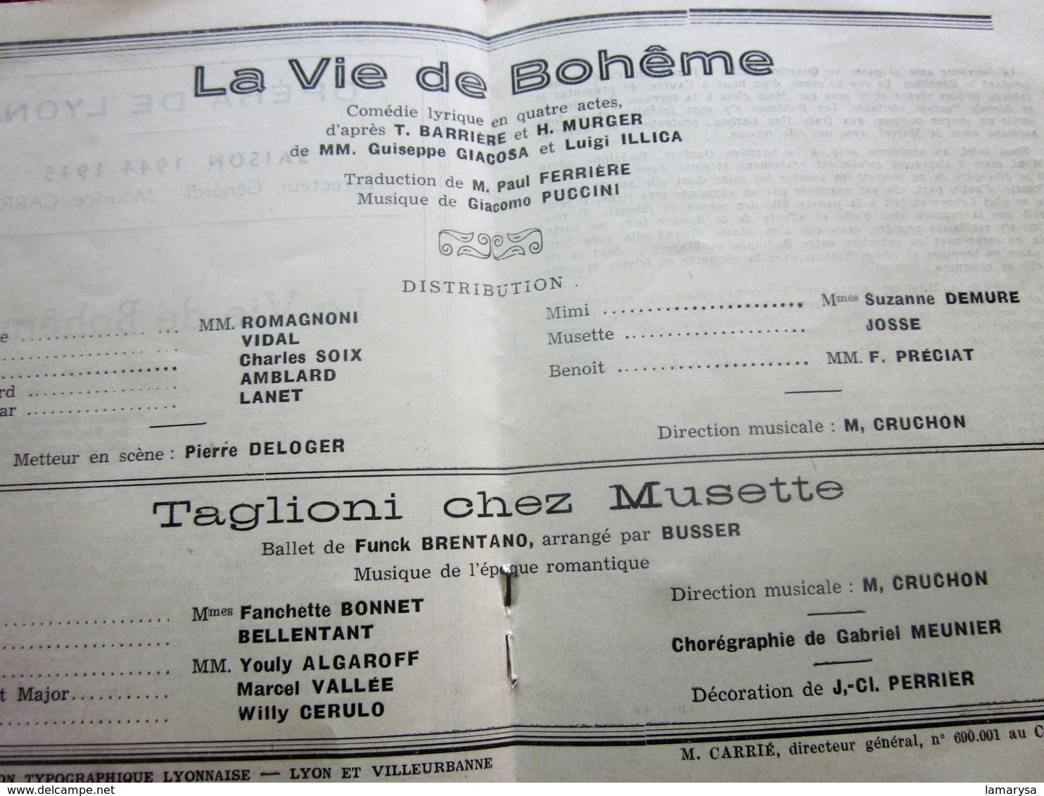 WW2 1944/45 PROGRAMME OPÉRA DE LYON-VIE DE BOHÊME - TAGLIONI CHEZ MUSETTE-PUBS-SPECTACLES PENDANT LA GUERRE 5 NOV 44 - Programmes