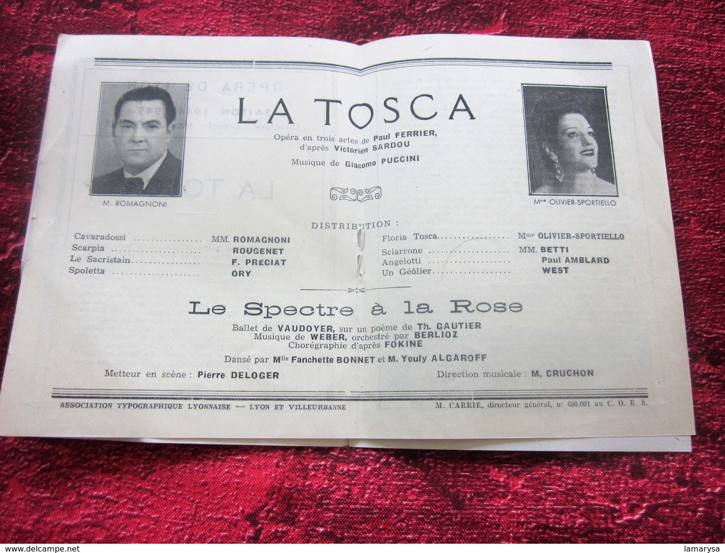 WW2 1944/45 PROGRAMME OPÉRA DE LYON-LA TOSCA - LE SPECTRE A LA ROSE -PUBS-SPECTACLES PENDANT LA GUERRE 14 NOV 44 - Programmes