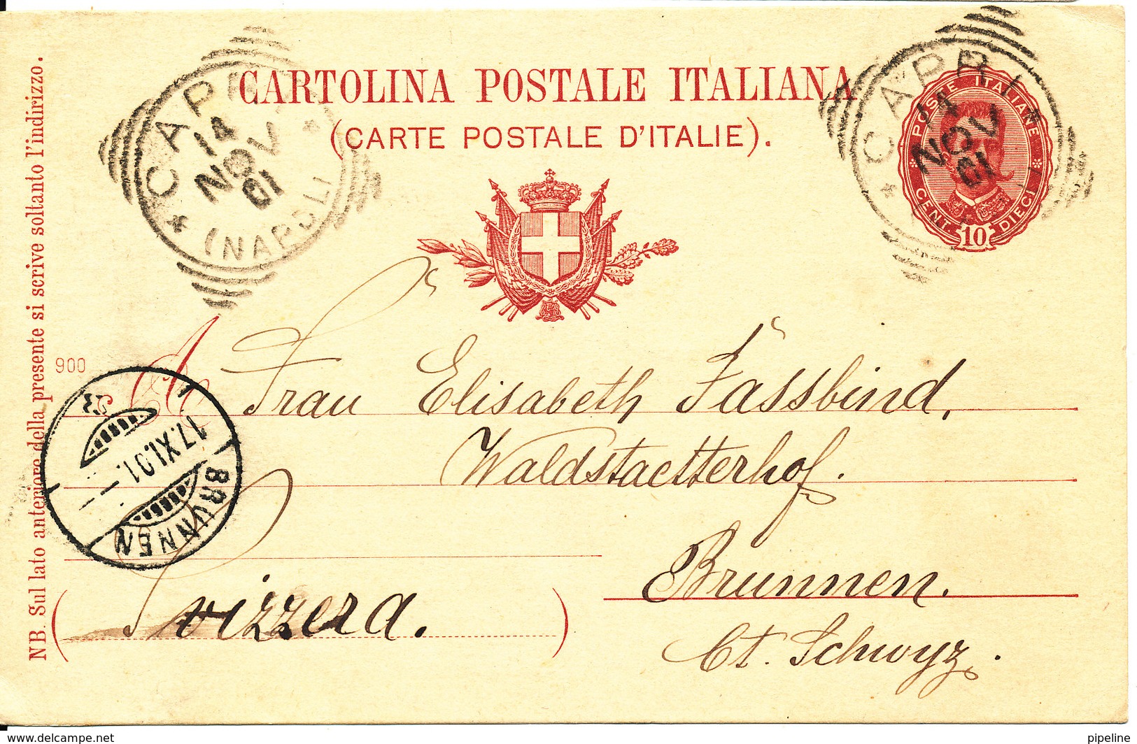 Italy Carte Postale Postal Stationery Sent To Switzerland Capri 14-11-1901 - Stamped Stationery