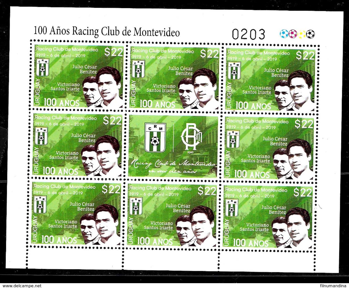 URUGUAY 2019 SPORTS,FOOTBALL SOCCER RACING FOOTBALL CLUB PLAYERS MINISHEET,PETIT FEUILLE,KLEIBONEUFS,MINT MNH,POSTFRICHH - Neufs