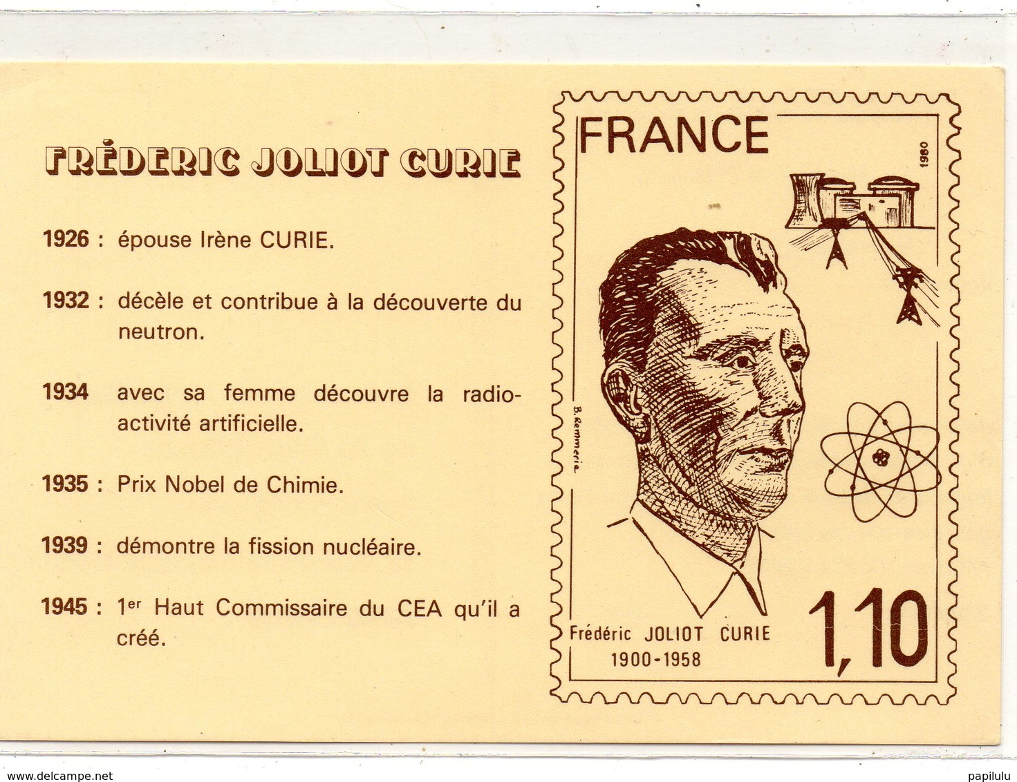 POSTE & FACTEURS 21 : Frédéric Joliot Curie 1900 - 1958 ; Carte Vendue De A P F ( Voir Le Dos ) - Poste & Facteurs