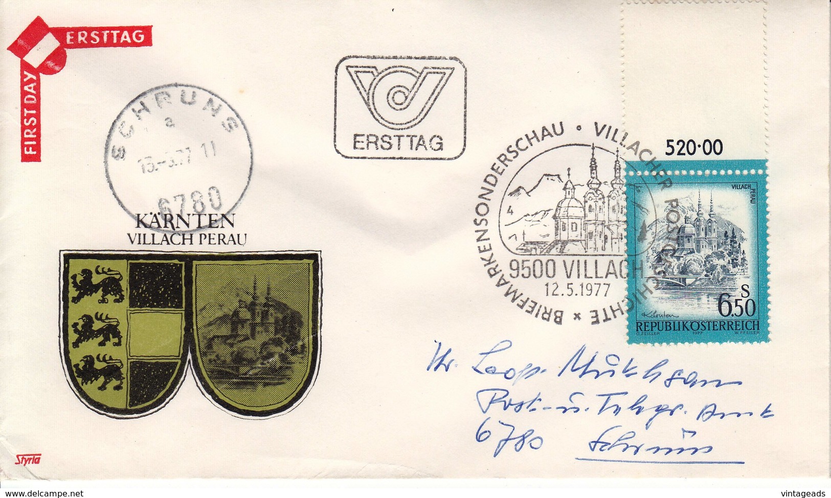 BM776 Österreich FDC Ersttag 6,50 Schilling Villach Mit Randstück, 1977, Gelaufen - FDC