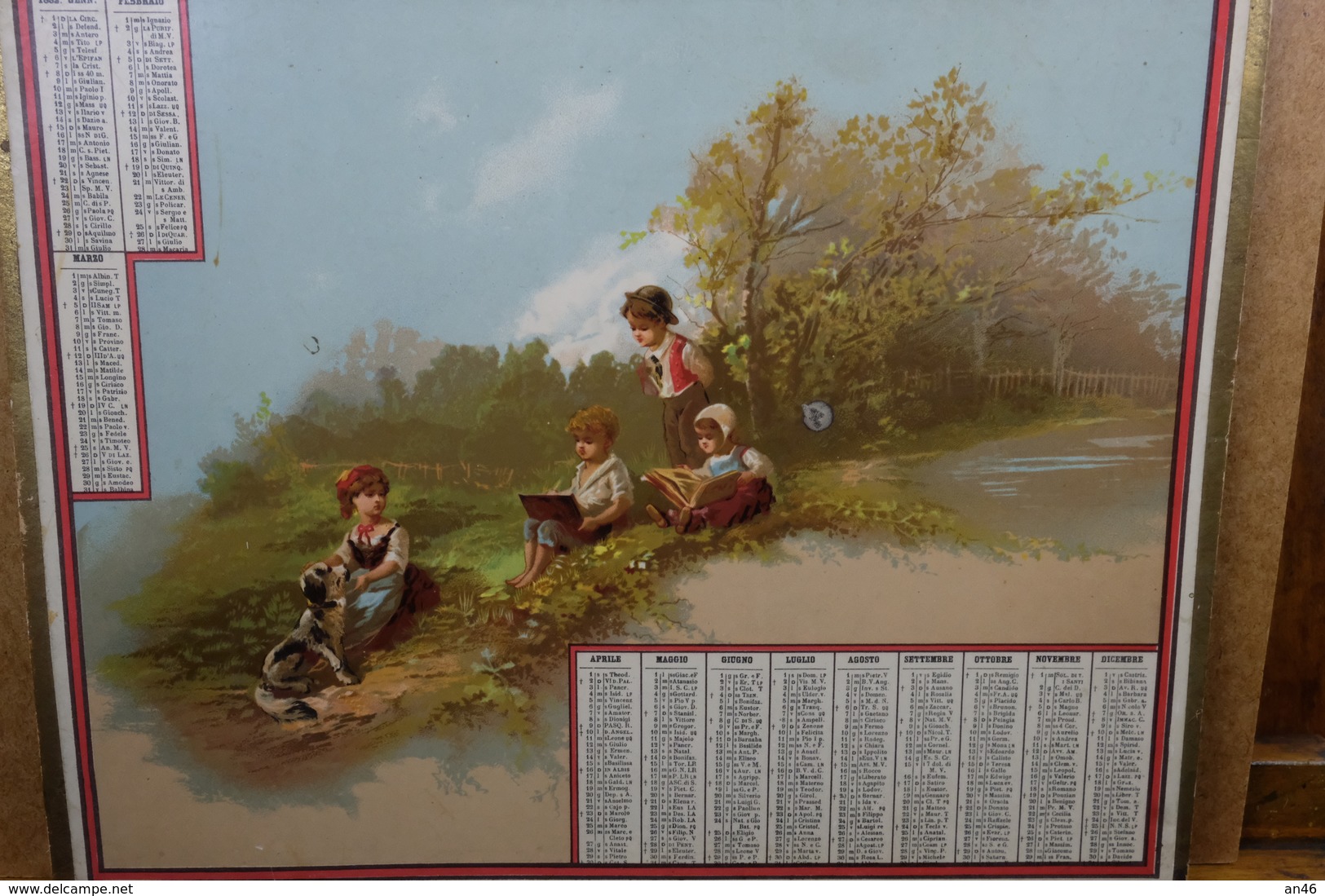 Calendario-Calendarietto-Calendrier-Kalender-Calendar-Anno1882"NATURA-BAMBINI-LIBRI-CANE"-SU CARTONCINO Originale 100% - Formato Grande : ...-1900