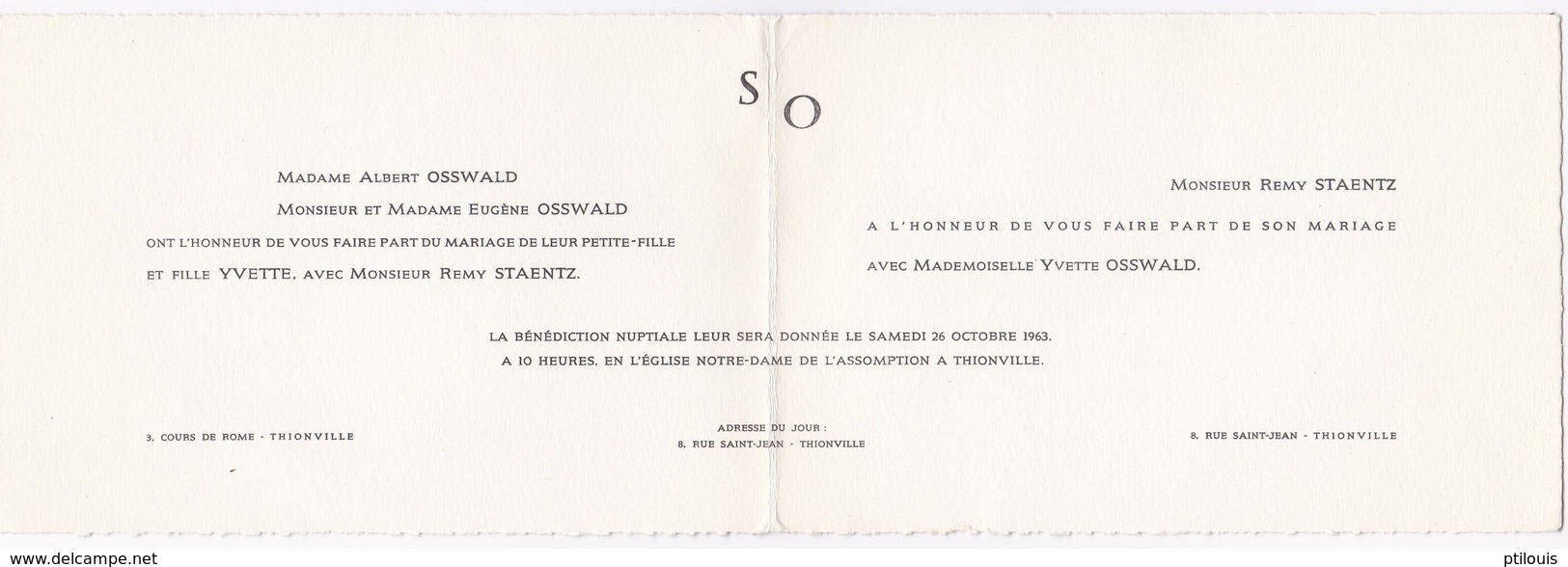 THIONVILLE - 57 - Faire Part De Mariage De Rémy STAENTZ & Yvette OSSWALD - 26 Octobre 1963 - - Wedding