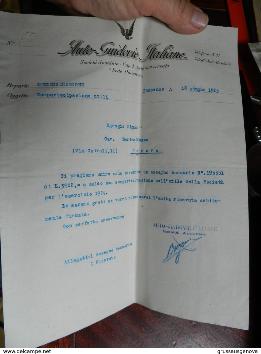 12.2) ITALIA DITTA AUTO GUIDOVIE ITALIANE SEDE PIACENZA COMPARTECIPAZIONE AGLI UTILI 1925 BELLISSIMA INTESTAZIONE - Italien