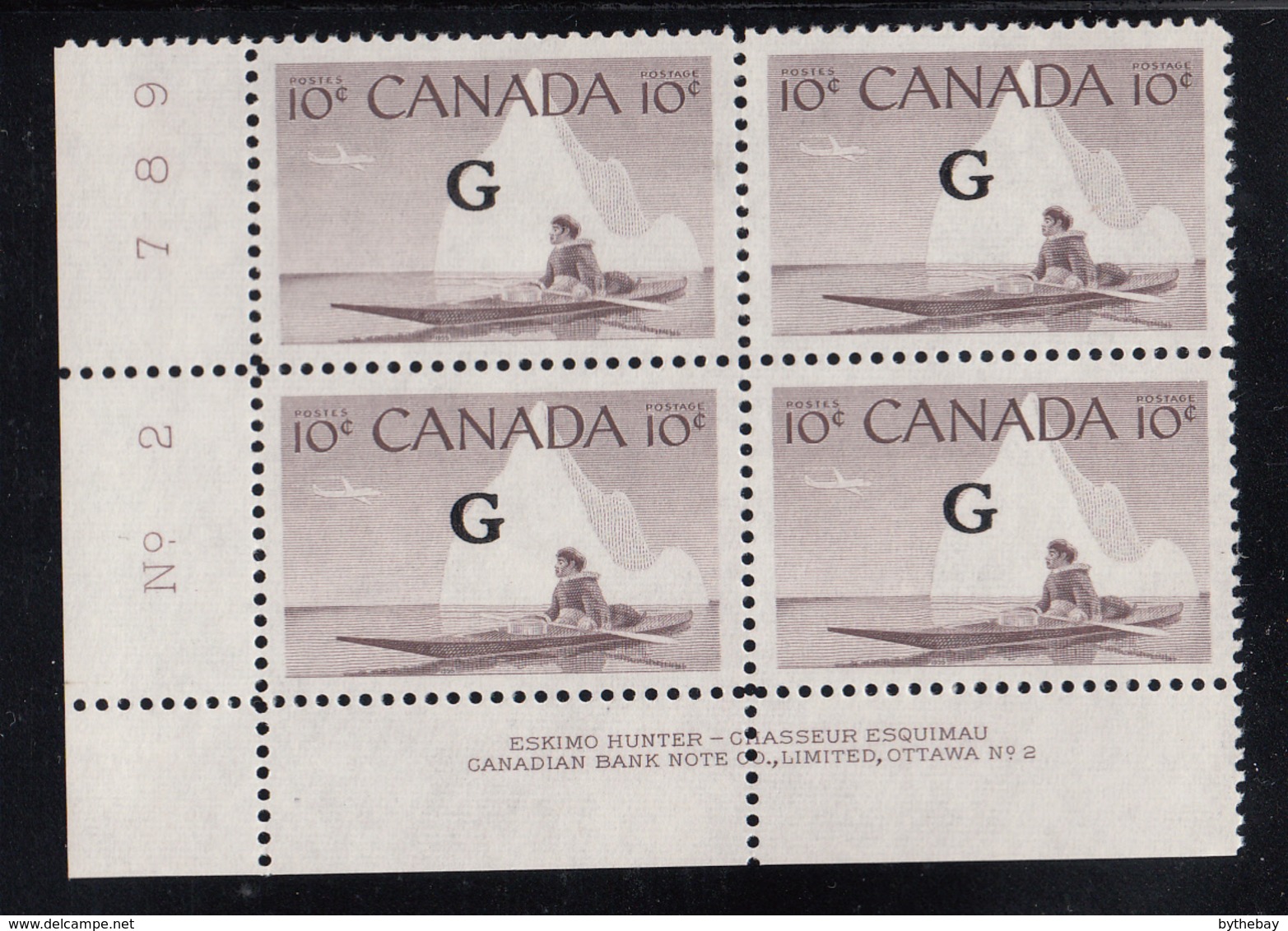 Canada MNH Scott #O39 'G' Overprint On 10c Inuk, Kayak Plate #2 Lower Left PB - Surchargés