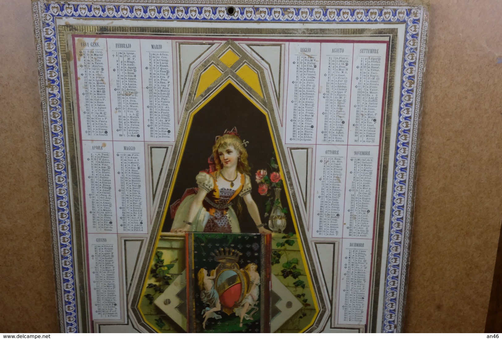 Calendario-Calendarietto-Calendrier-Kalender-Calendar-Anno1881"Ragazza-drappo-corona-balcone"SU CARTONCINO Original 100% - Tamaño Grande : ...-1900