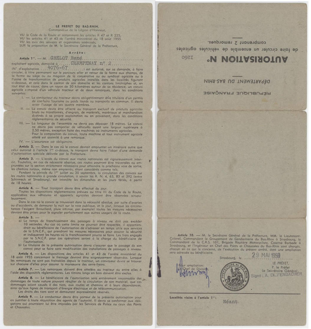 Autorisation De Faire Circuler Un Ensemble De Véhicules Agricoles Comprenant 2 Remorques Champenay 1959 - Historical Documents