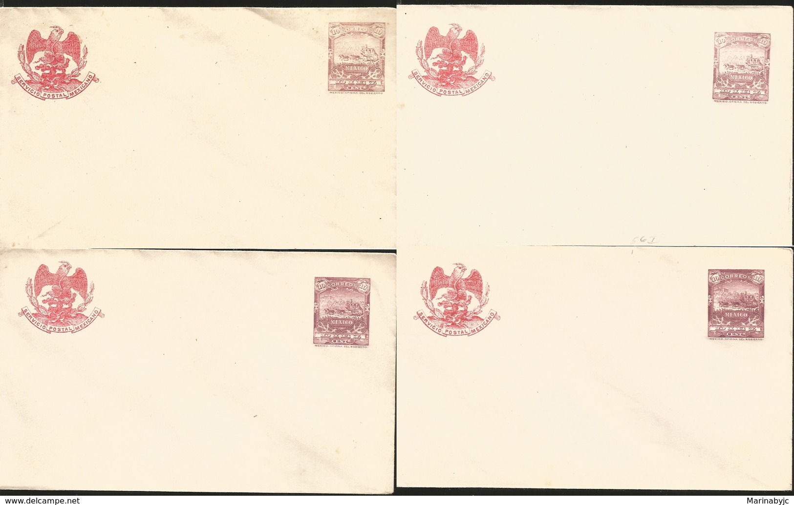 J) 1895 MEXICO, MAIL COACH, MEXICAN POSTAL SERVICE, EAGLE, DRY PAINTING RARE, YELLOW PAPER, POSTAL STATIONARY, SET OF 4, - Mexico