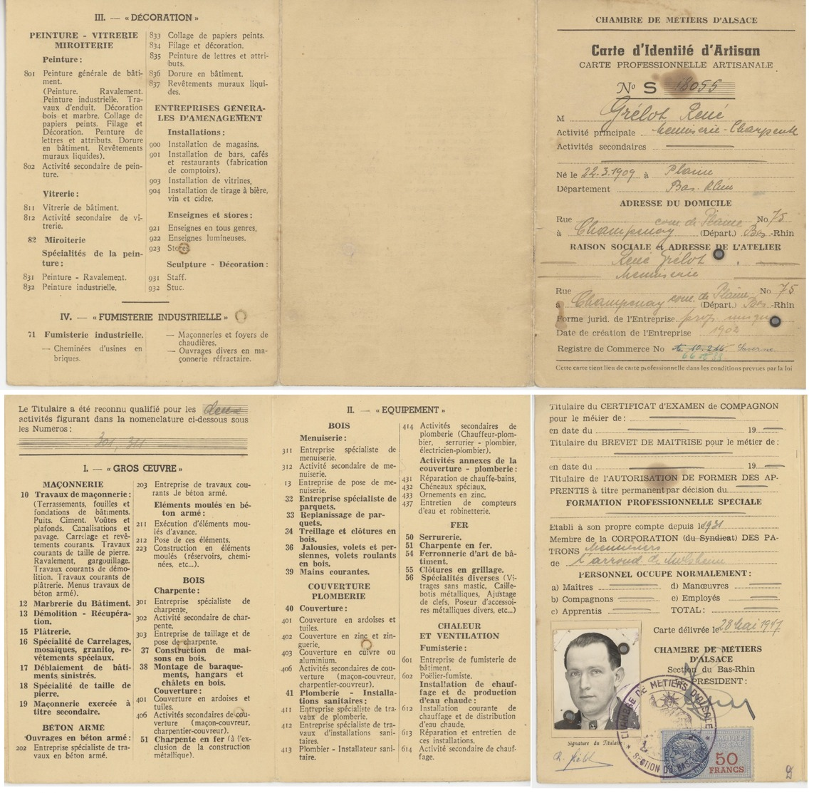 Carte Professionnelle Artisanale Champenay Plaine Bas-rhin Menuiserie 1947 Avec Timbre Fiscal - Documents Historiques