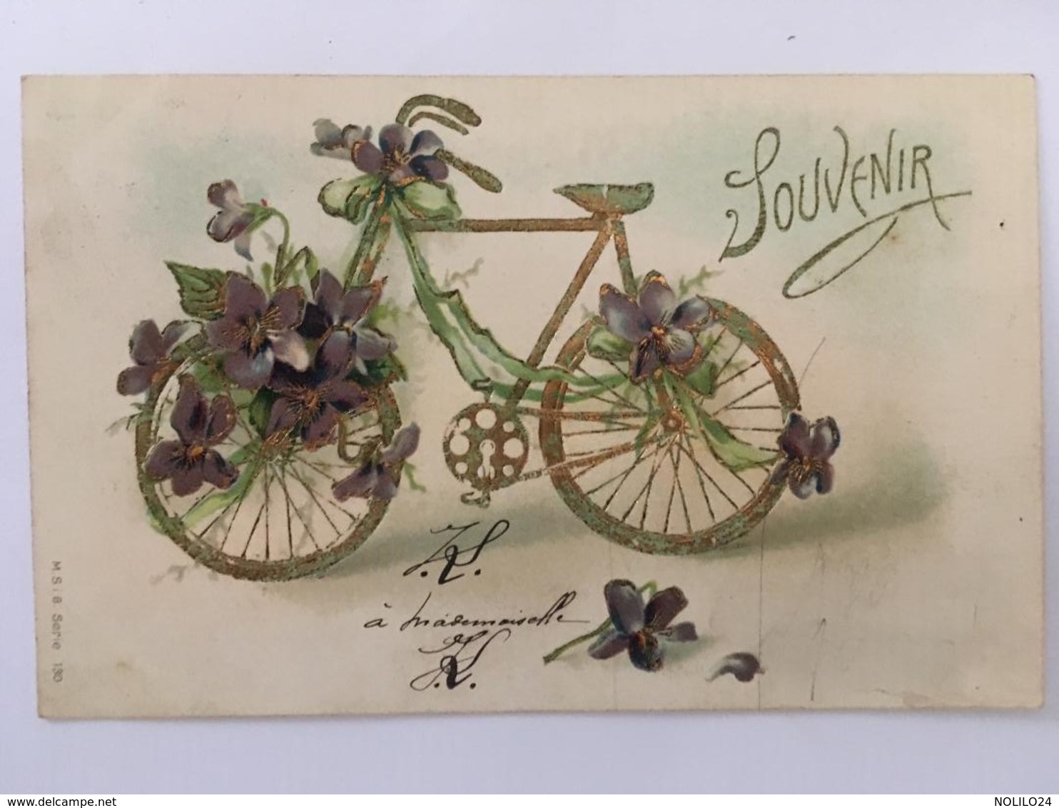 CPA Gaufrée, SOUVENIR, Vélo Bicyclette Fleur Violettes, écrite En 1904, Timbre - Souvenir De...