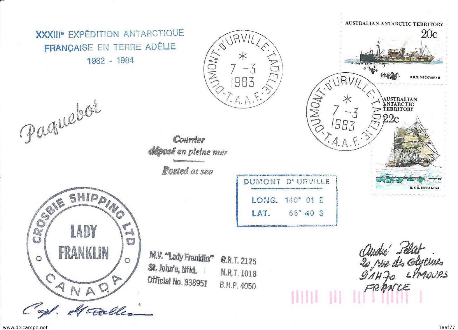 TAAF - Dumont D'Urville-T.Adélie: Lettre "Lady Franklin" Avec Timbres AAT N°40 Et 41 Voiliers  - 07/03/1983 - Lettres & Documents