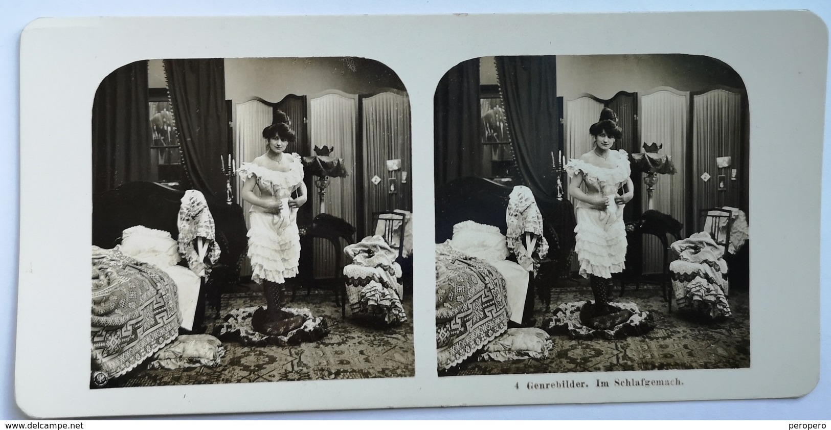 PHOTO STEREOSCOPIC STEREO  4 GENREBILDER IM SCHLAFGEMACH FRAU FASHION - Stereo-Photographie