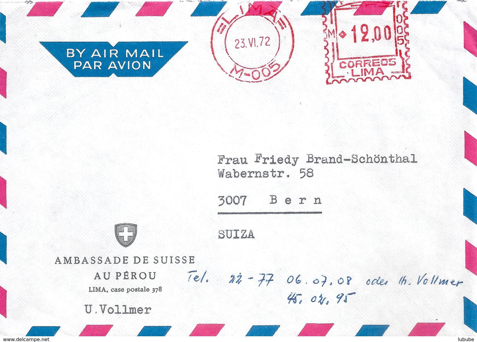 Airmail Brief  "Ambassade De Suisse Au Pérou"              1972 - Peru