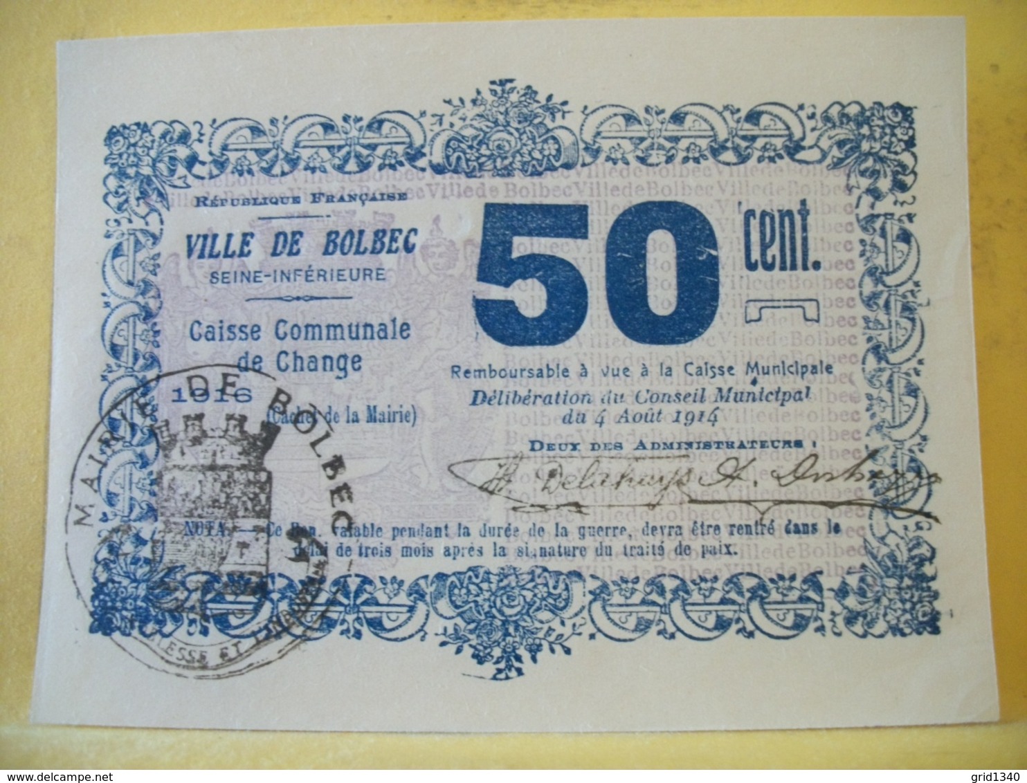 A 2197 RARE - 76 VILLE DE BOLBEC BON POUR CINQUANTE CENTIMES 1916 - Bons & Nécessité