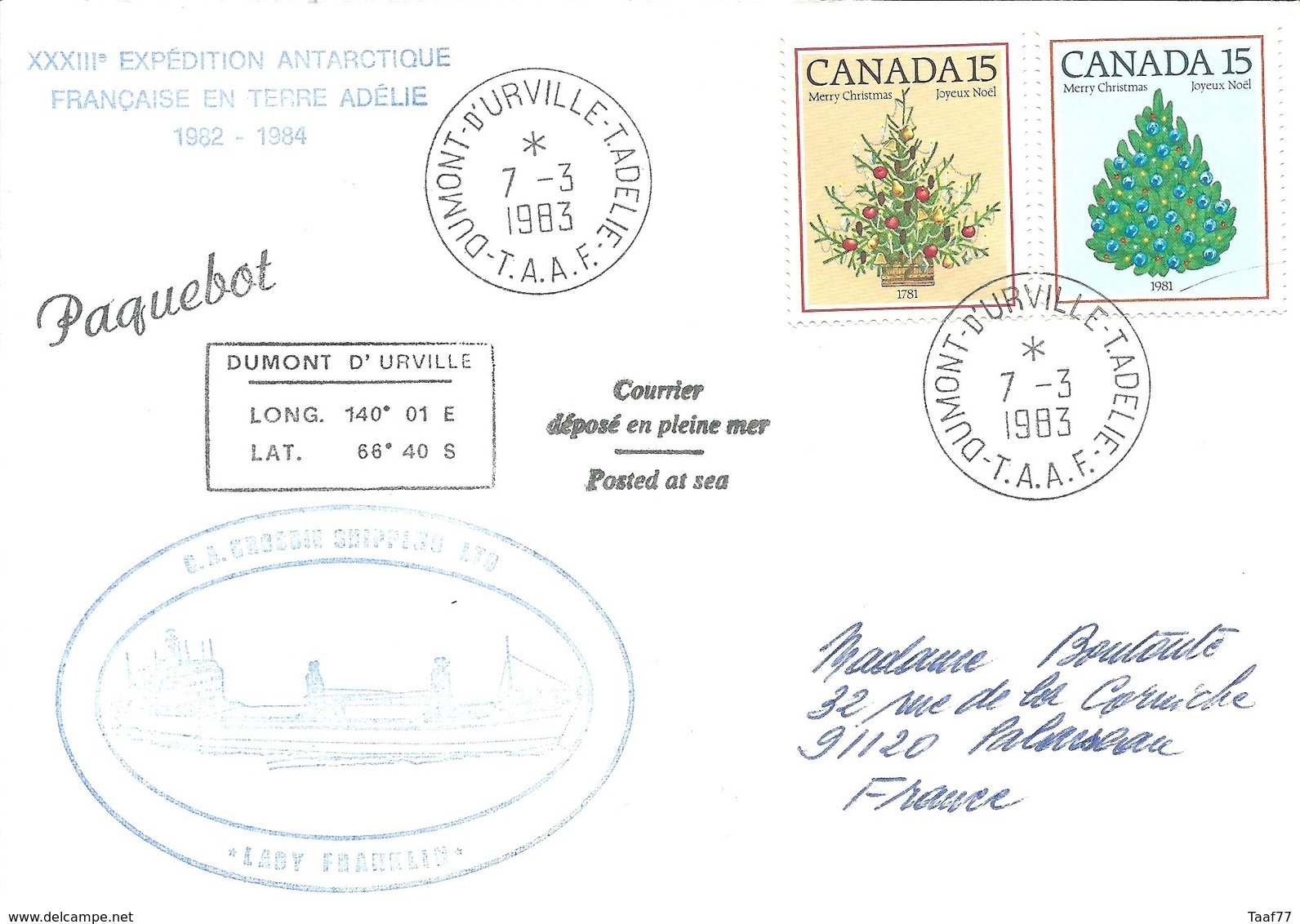 TAAF - Dumont D'Urville-T.Adélie: Lettre "Lady Franklin" Avec Timbres Canada N°783 Et 785 - 07/03/1983 - Lettres & Documents