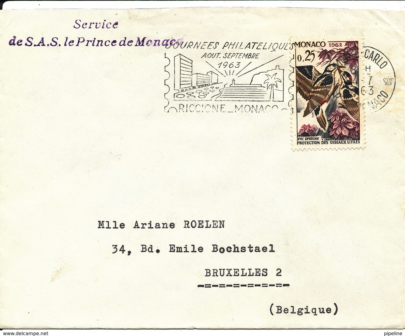 Monaco Cover Sent To Belgium 14-7-1963 Single Franked BIRDS - Lettres & Documents