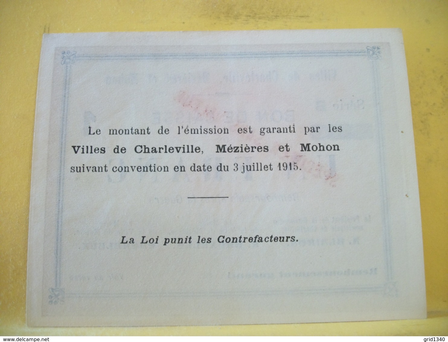 A 2217 - RARE SPECIMEN 08 VILLES CHARLEVILLE, M... 1 FRANC 3 JUIL..1915 SERIE B - Bons & Nécessité