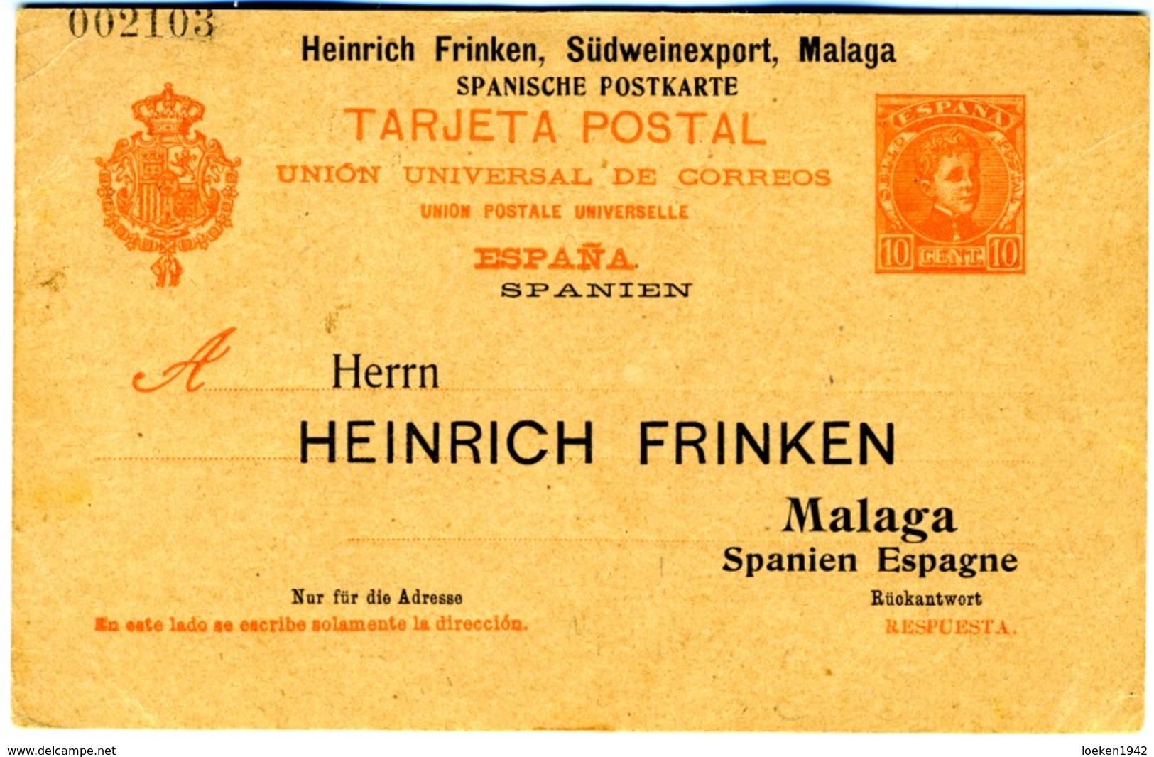 ENTERO POSTAL PRIVADO TARJETA 10C CADET HEINRICH FRINKEN  Hasta Malaga   EP443 - 1850-1931