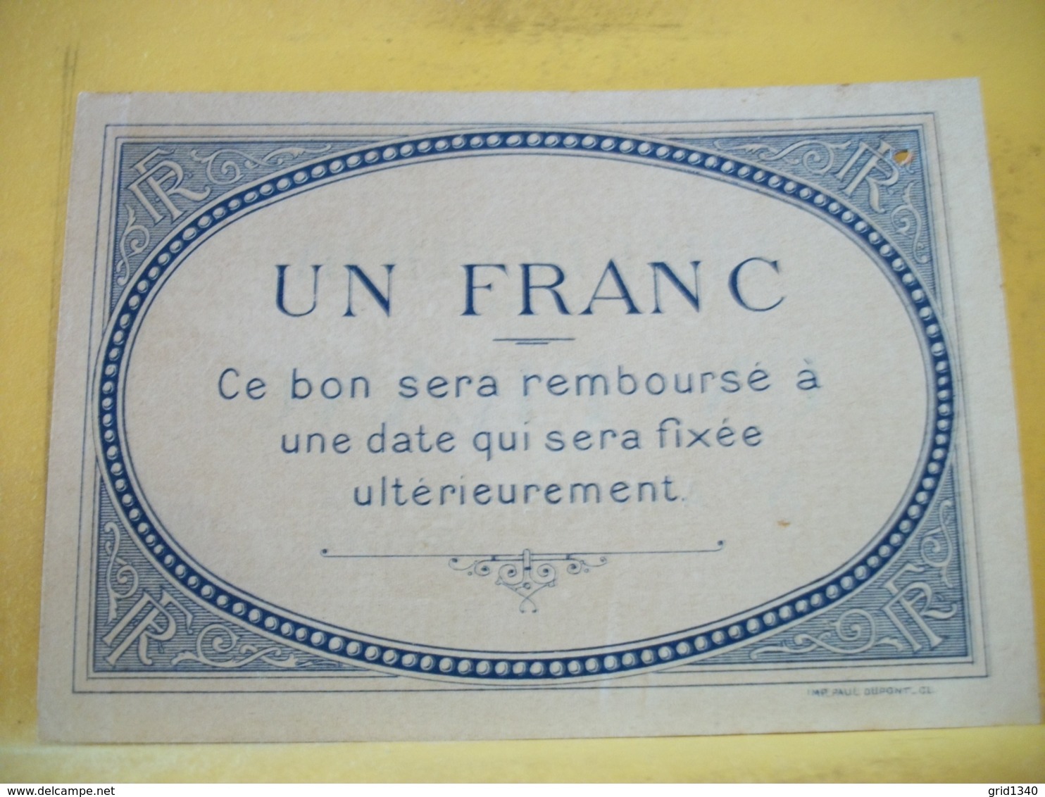 A 2225 - RARE ANNULE 92 VILLE DE CLICHY UN FRANC - Bons & Nécessité