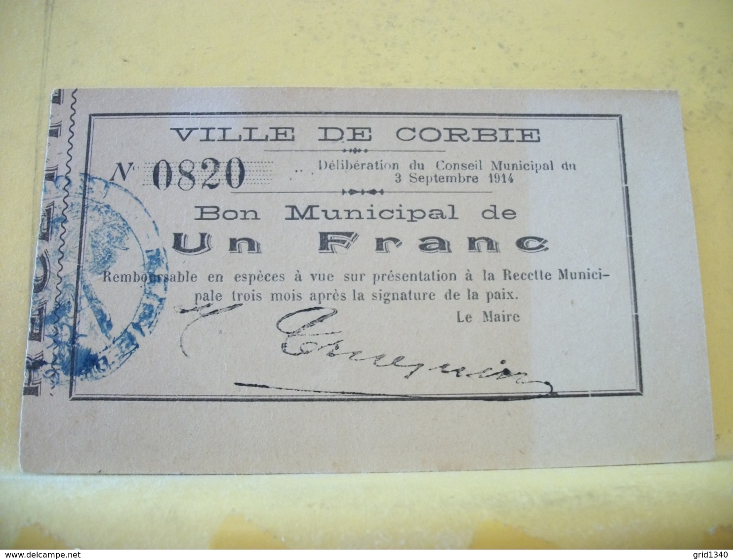 A 2231 - 80 VILLE DE CORBIE. BON MUNICIPAL DE UN FRANC. 3 SEPTEMBRE 1914 - Bons & Nécessité