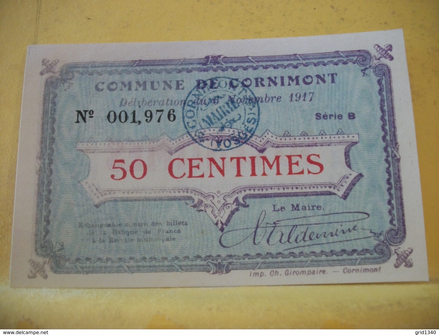 A 2243 - 88 COMMUNE DE CORNIMONT. 50 CENTIMES 6 NOVEMBRE 1917 SERIE B N° 001,976 - Bons & Nécessité