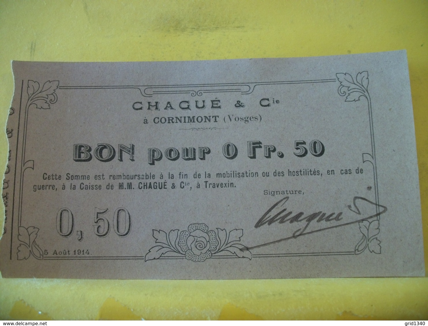 A 2251 - 88 CORNIMONT. CHAGUE Cie. BON POUR 0 F 50 - 5 AOUT 1914. - Bons & Nécessité