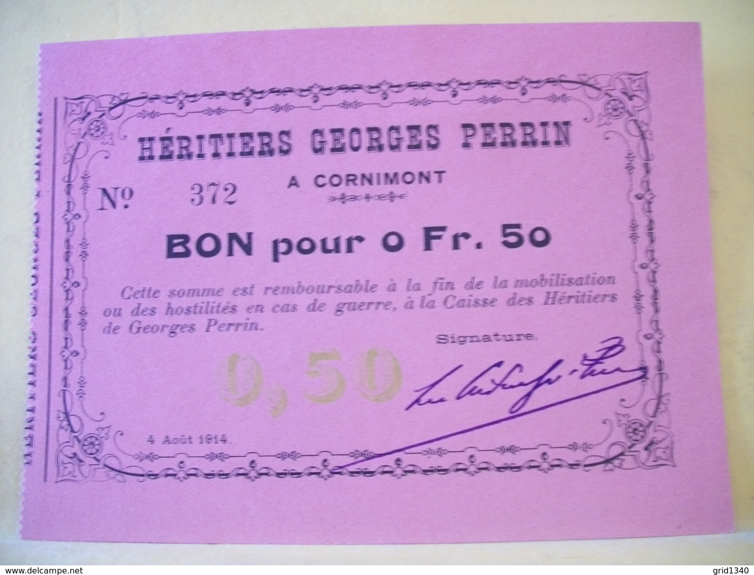 A 2253 - 88 CORNIMONT. HERITIERS GEORGES PERRIN. BON POUR 0 F 50 - 4 AOUT 1914. - Bons & Nécessité