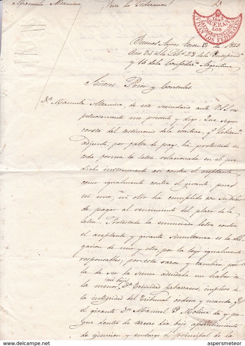 PROTESTA DE DEUDA EPOCA ROSAS ARGENTINA AÑO 1843 BUENOS AIRES LEYENDA MUERAN LOS SALVAGES UNITARIOS... - BLEUP - Documenti Storici
