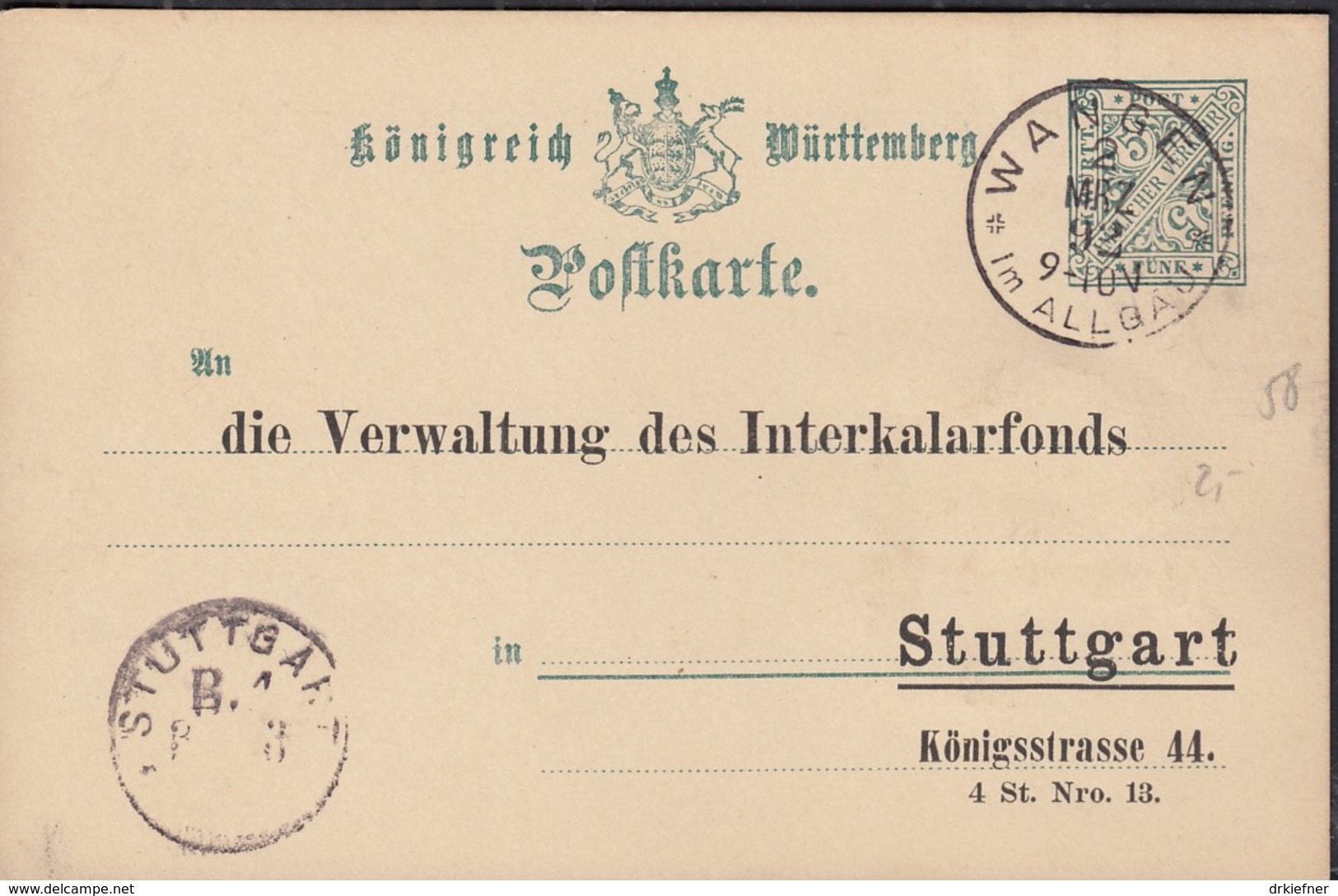 WÜRTTEMBERG DP 28 Mit Schwarzem Zudruck: Die Verwaltung Des Interkalarfonds, Stuttgart, Gestempelt: Wangen 2.MRZ 1892 - Sonstige & Ohne Zuordnung