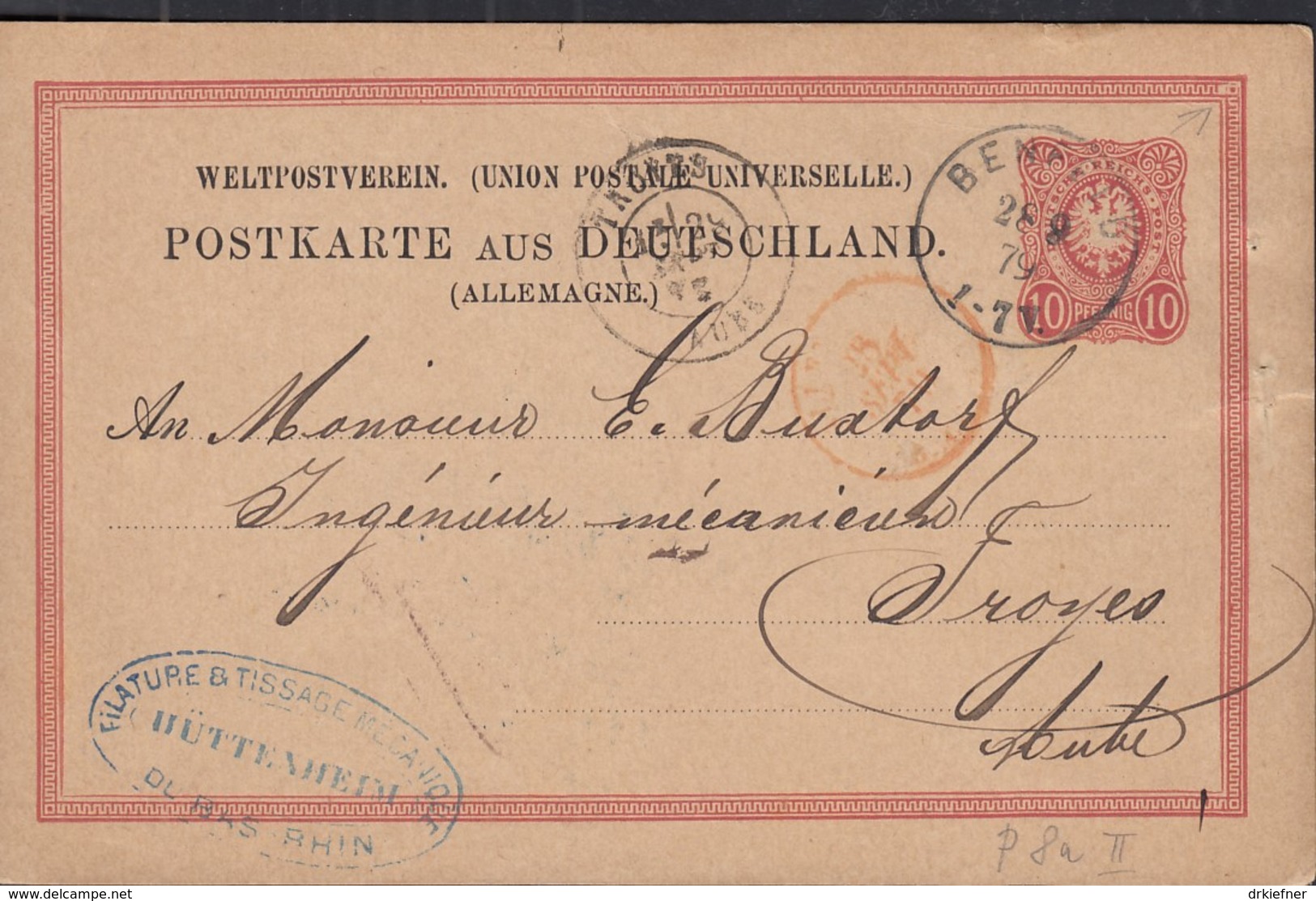 DR P 8 II 01, Gestempelt: Benfeld 28.9.1879, Mit Abart: Mäanderbogen Ausgefüllt (rechte Obere Ecke) - Sonstige & Ohne Zuordnung