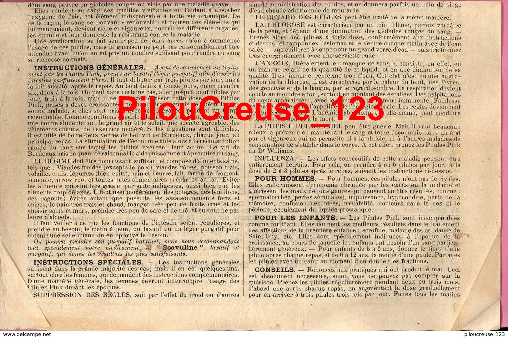 Publicité - PILULES PINK - "Instructions Pour L'Emploi Pour Personnes Pâles Dt WILLIAMS - 4 Scans - 1918 - Publicités