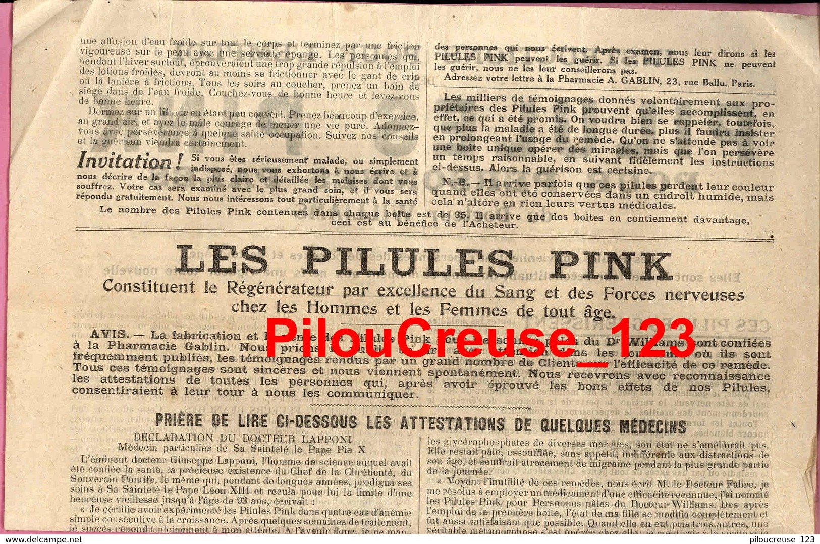 Publicité - PILULES PINK - "Instructions Pour L'Emploi Pour Personnes Pâles Dt WILLIAMS - 4 Scans - 1918 - Publicités