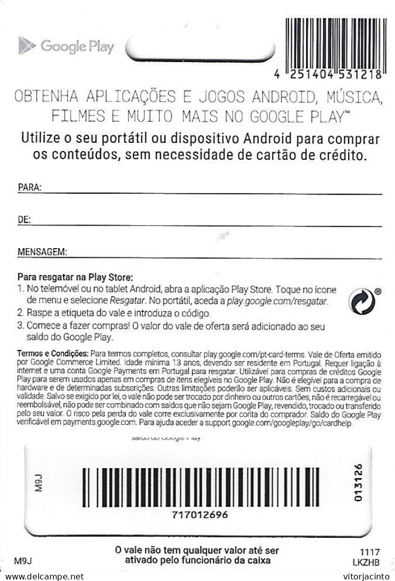 PORTUGAL - Google Play Gift Card 25€ - Cartes Cadeaux