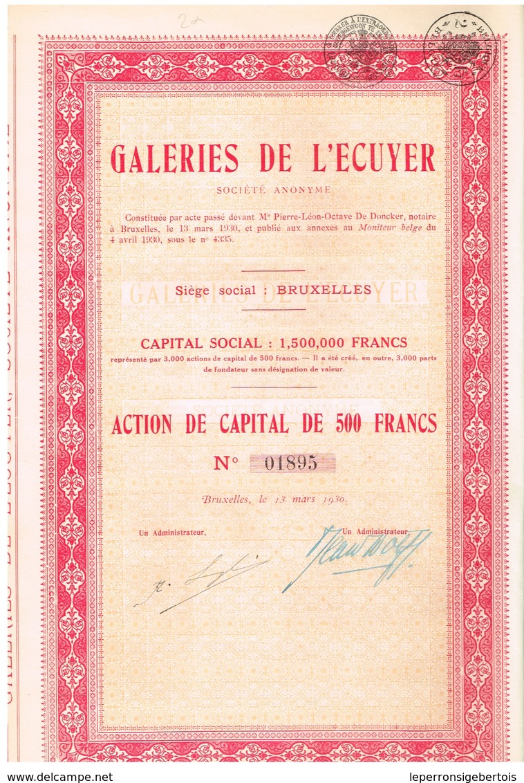 Titre Ancien - Galeries De L'Ecuyer - Société Anonyme - Titre De 1930 - Autres & Non Classés