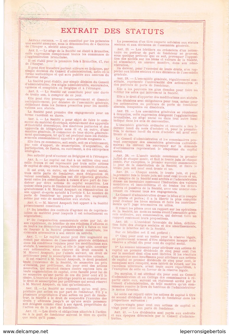 Titre Ancien - Galeries De L'Ecuyer - Société Anonyme - Titre De 1930 - Autres & Non Classés