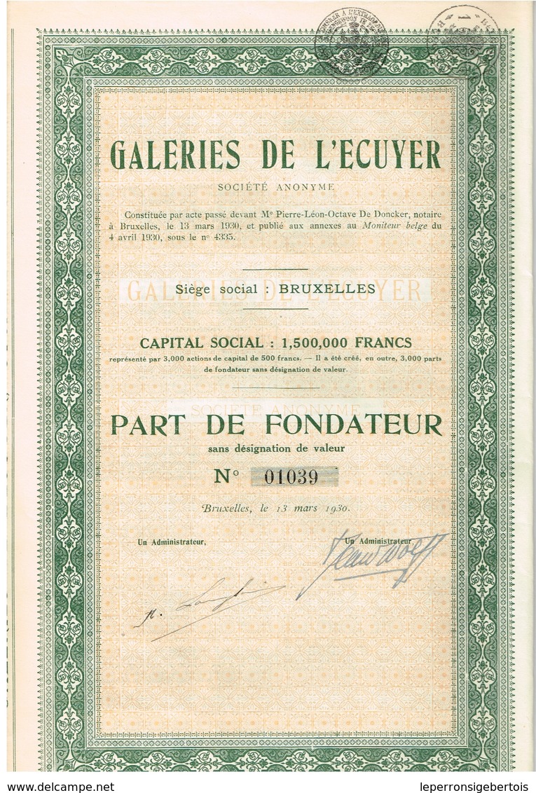 Titre Ancien - Galeries De L'Ecuyer - Société Anonyme - Titre De 1930 - Andere & Zonder Classificatie
