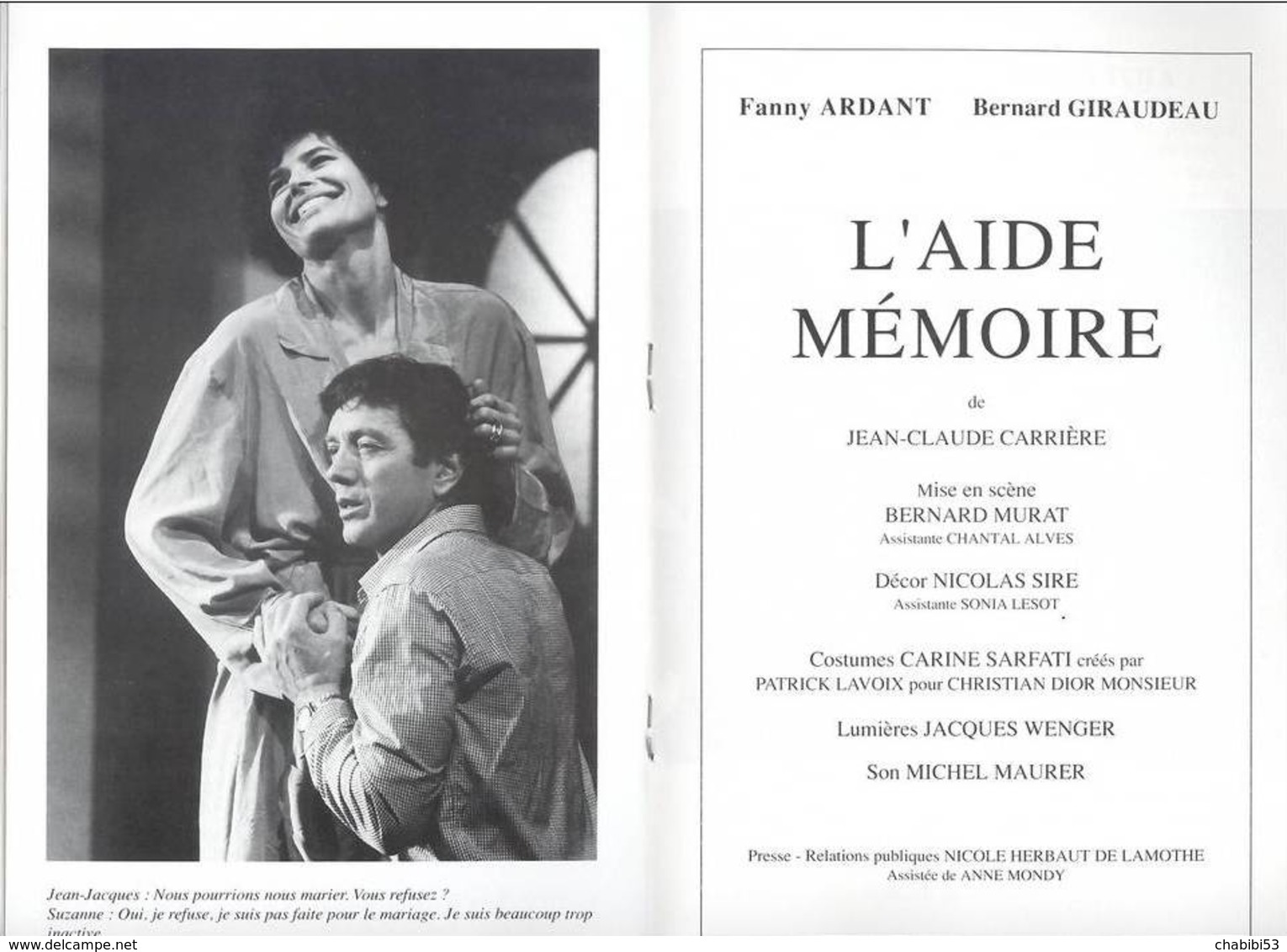 Livret  De La Pièce "L'Aide Mémoire" De JC Carrère Avec Bernard GIRAUDEAU Et Fanny ARDENT - 1992 - Autores Franceses