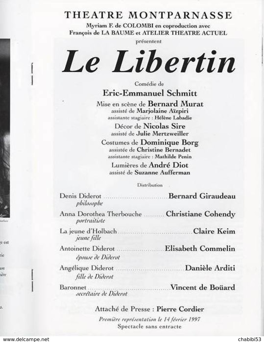 Livret De La Pièce Le Libertin De Eric-Emmanuel Scmitt Avec Bernard Giraudeau - Théâtre Monparnasse - 1997 - Programmes