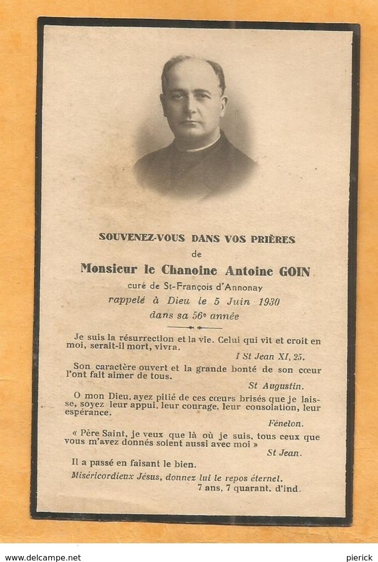 IMAGE GENEALOGIE FAIRE PART AVIS DECES CHANOINE  GOIN  CURE DE SAINT FRANCOIS D ANNONAY   1870 1930 - Décès