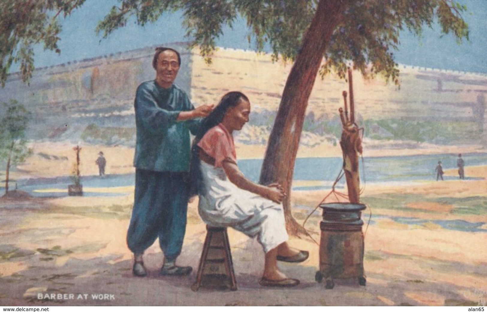 China, 'Chinese Life' Tuck Series #9683 Barber At Work, C1900s Vintage Postcard - China