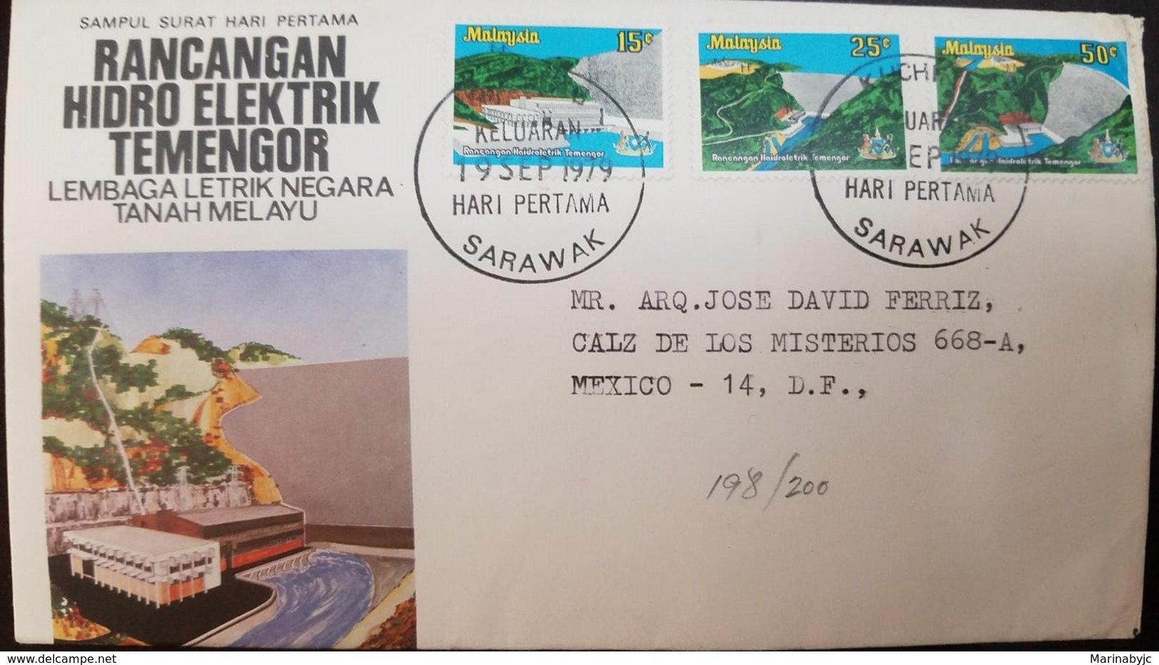 L) 1979 MALAYSIA, HYDROELECTRIC, DESIGN OF HYDRO ELEKTRIX TEMENGOR, NATURE, 15C, 25C, CIRCULATED COVER FROM MALAYSIA TO - Malaysia (1964-...)