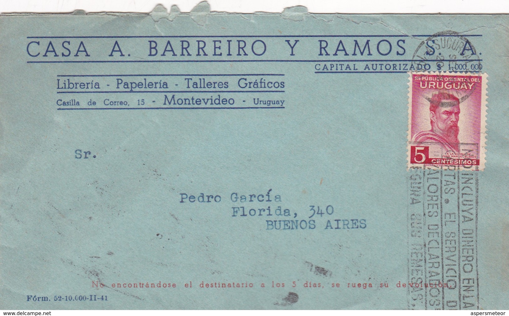 CASA A BARREIRO Y RAMOS- COMMERCIAL ENVELOPE CIRCULEE 1920 BANDELETA PARLANTE URUGUAY - BLEUP - Uruguay