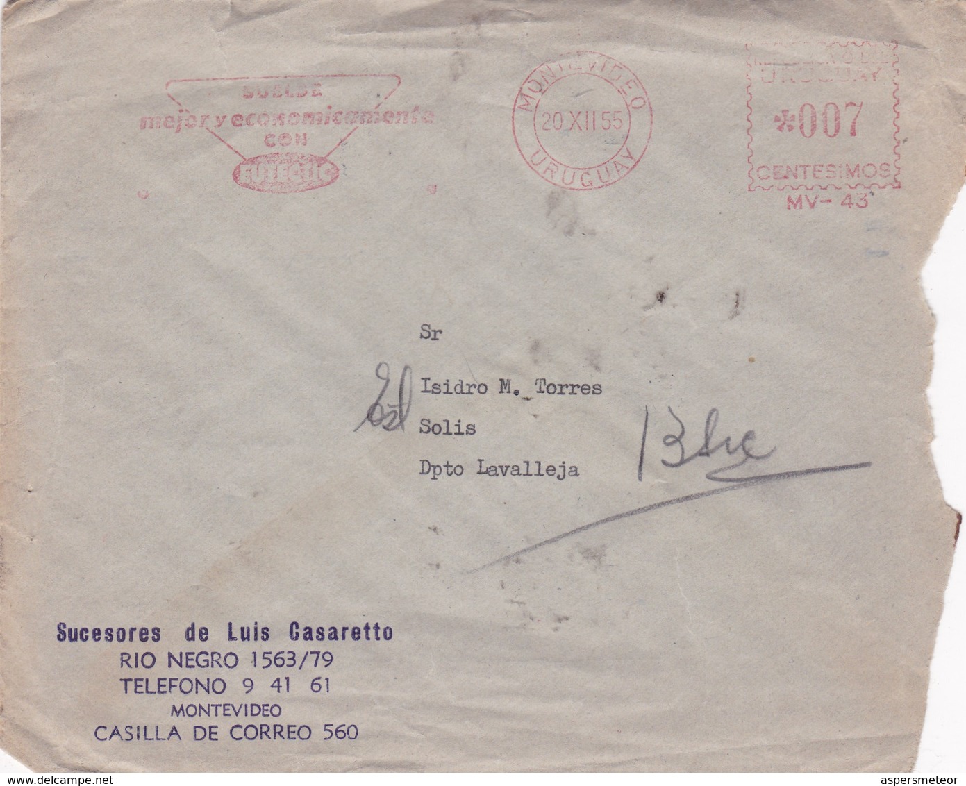 SUCESORES DE LUIS CASERETTO - COMMERCIAL ENVELOPE CIRCULEE YEAR 1955 URUGUAY MACHINE D'AFFRANCHISEMENT AD - BLEUP - Uruguay