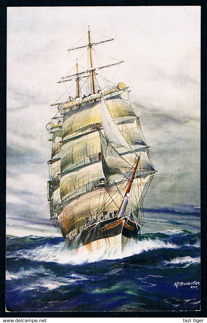 Postcard • Salmon Series # 3868 • AFD Bannister, 1930 • "Lammermoor" Shortening Down For A Squall - Sailing Vessels